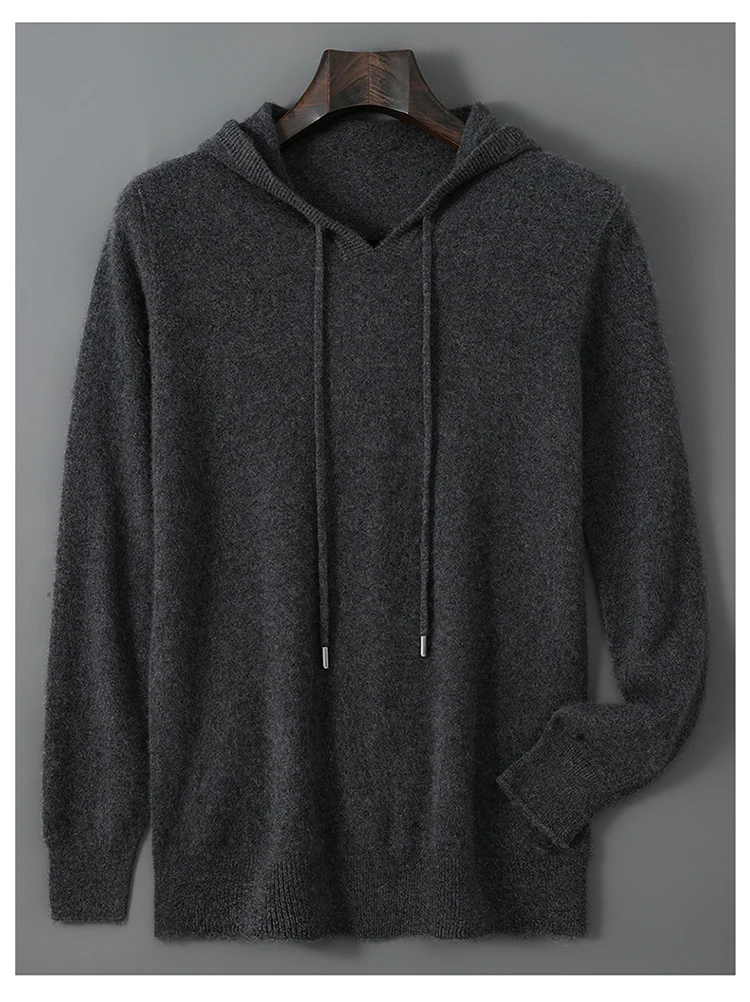 DjzDsm Autumn Winter Men's Sweater 100% Merino Wool Thick Hooded Pullover Soft Knitwear Casual Comfort Wool Clothing Tops