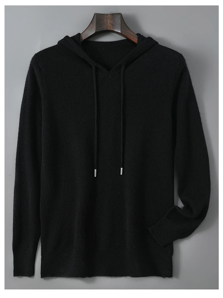 DjzDsm Autumn Winter Men's Sweater 100% Merino Wool Thick Hooded Pullover Soft Knitwear Casual Comfort Wool Clothing Tops