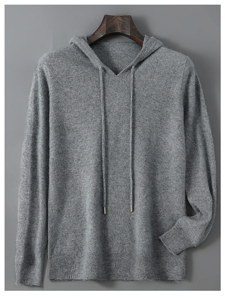 DjzDsm Autumn Winter Men's Sweater 100% Merino Wool Thick Hooded Pullover Soft Knitwear Casual Comfort Wool Clothing Tops