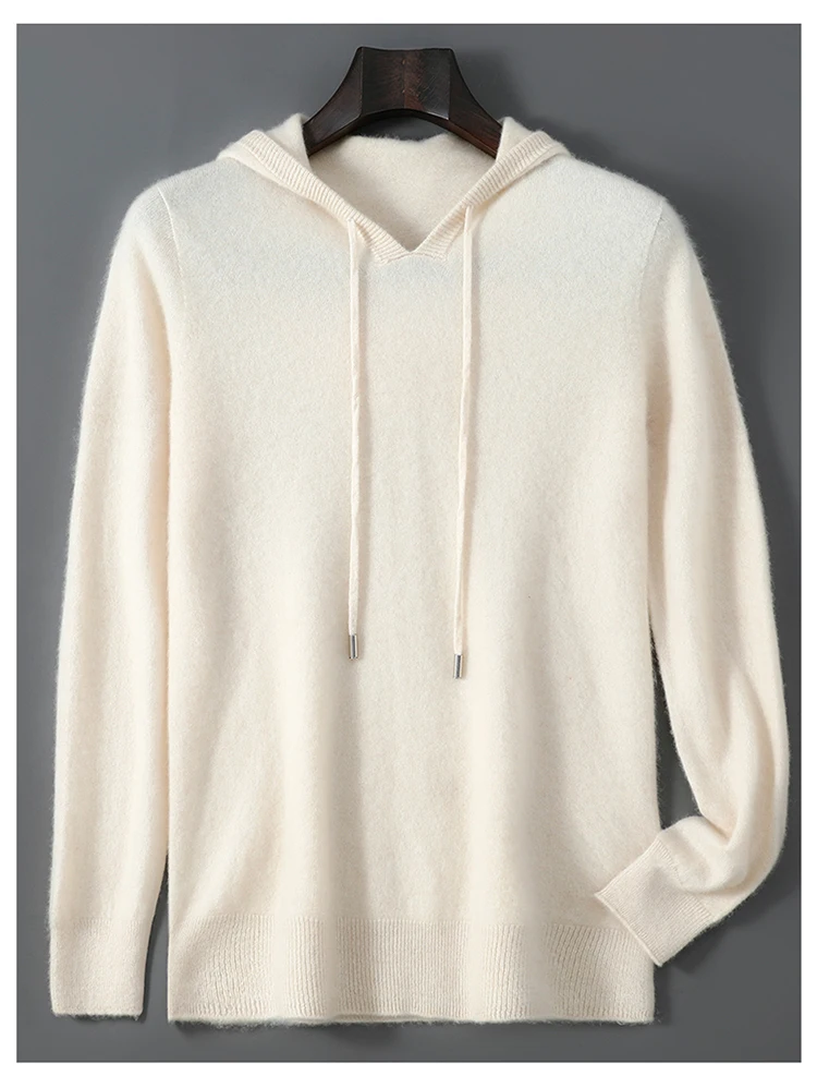 DjzDsm Autumn Winter Men's Sweater 100% Merino Wool Thick Hooded Pullover Soft Knitwear Casual Comfort Wool Clothing Tops