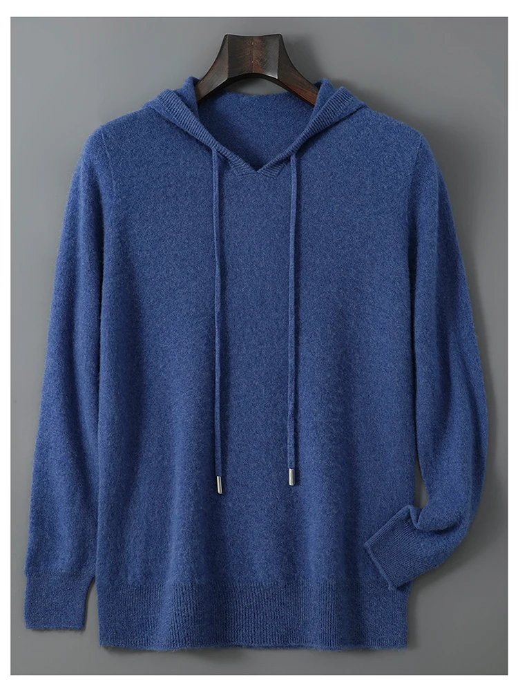 DjzDsm Autumn Winter Men's Sweater 100% Merino Wool Thick Hooded Pullover Soft Knitwear Casual Comfort Wool Clothing Tops