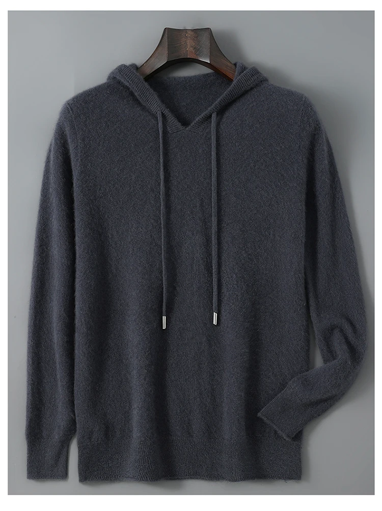 DjzDsm Autumn Winter Men's Sweater 100% Merino Wool Thick Hooded Pullover Soft Knitwear Casual Comfort Wool Clothing Tops