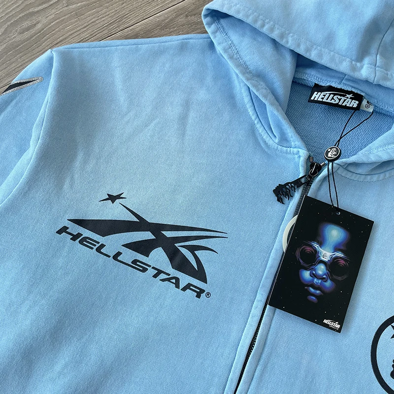 Blue Vintage Washed Hoodie Big Logo Washed Water Zipper Sweater for Men and Women