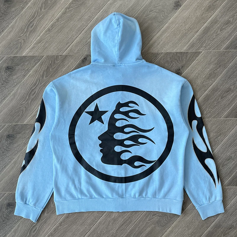 Blue Vintage Washed Hoodie Big Logo Washed Water Zipper Sweater for Men and Women