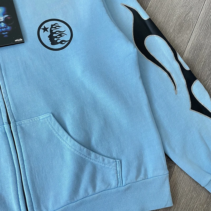 Blue Vintage Washed Hoodie Big Logo Washed Water Zipper Sweater for Men and Women
