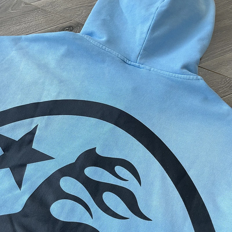 Blue Vintage Washed Hoodie Big Logo Washed Water Zipper Sweater for Men and Women