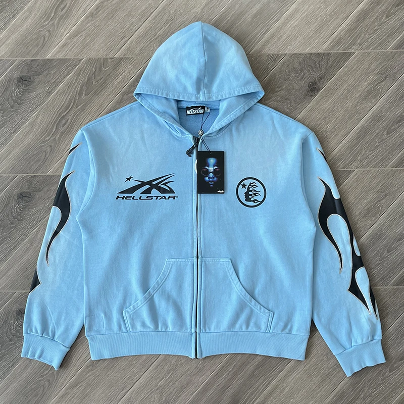 Blue Vintage Washed Hoodie Big Logo Washed Water Zipper Sweater for Men and Women