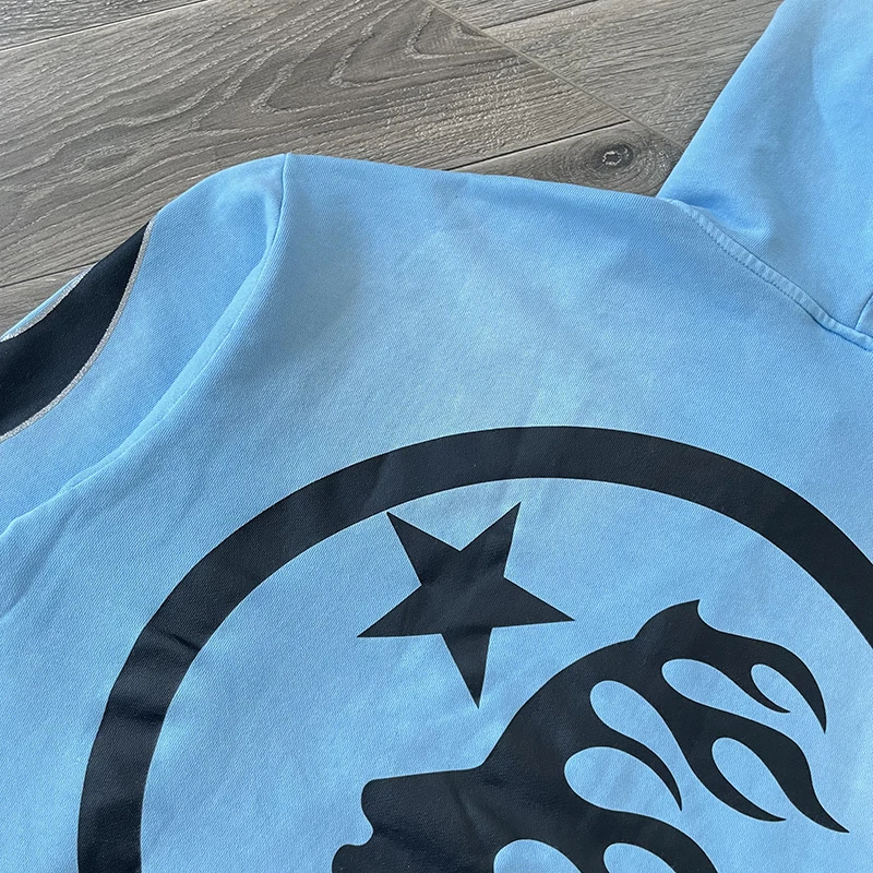 Blue Vintage Washed Hoodie Big Logo Washed Water Zipper Sweater for Men and Women