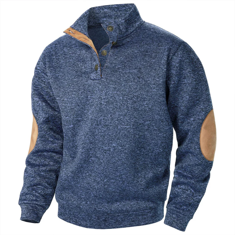 Men's Autumn Sweatshirt Patchwork Contrast Color Hoodies Stand Collar Men Botton Down Vintage Pullovers
