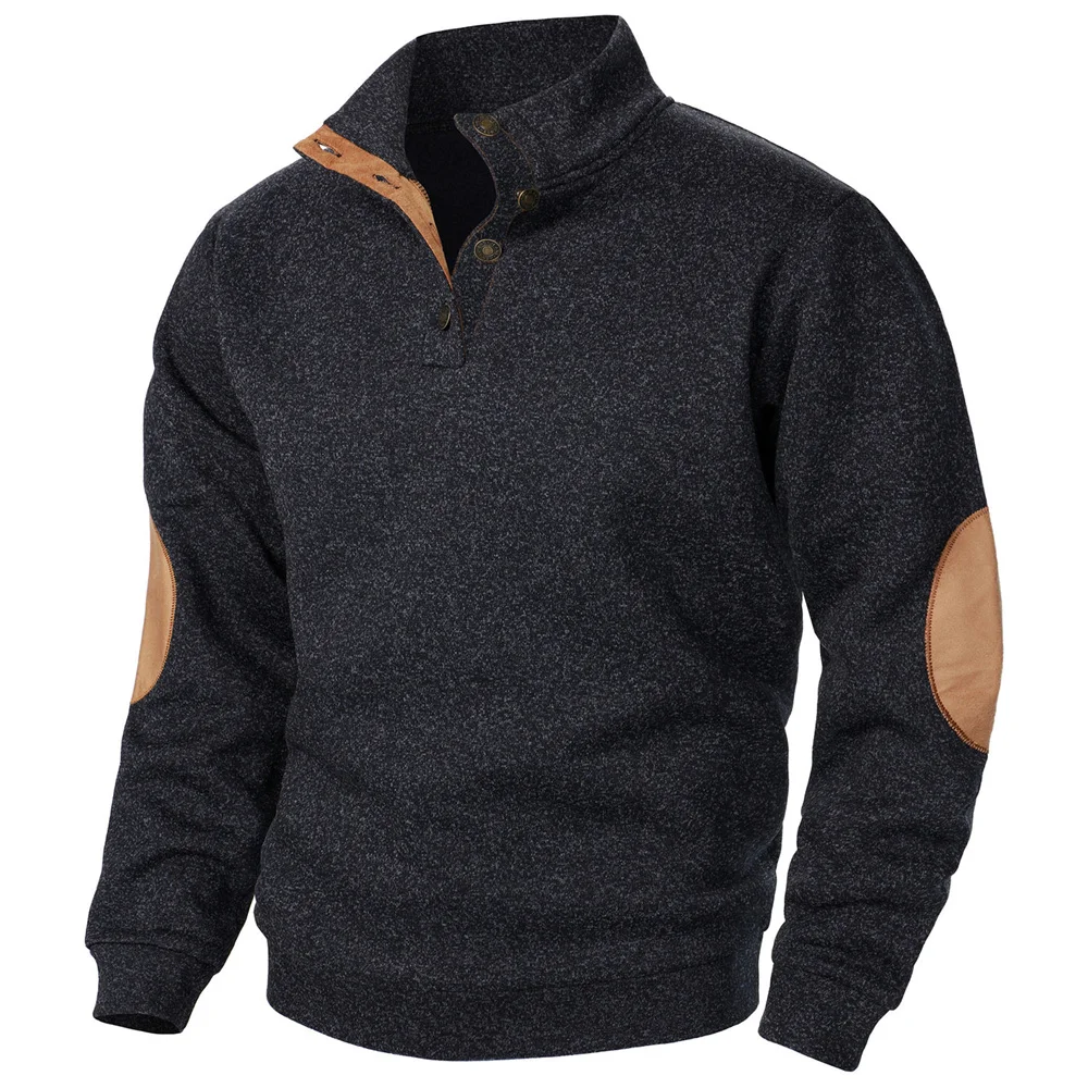 Men's Autumn Sweatshirt Patchwork Contrast Color Hoodies Stand Collar Men Botton Down Vintage Pullovers