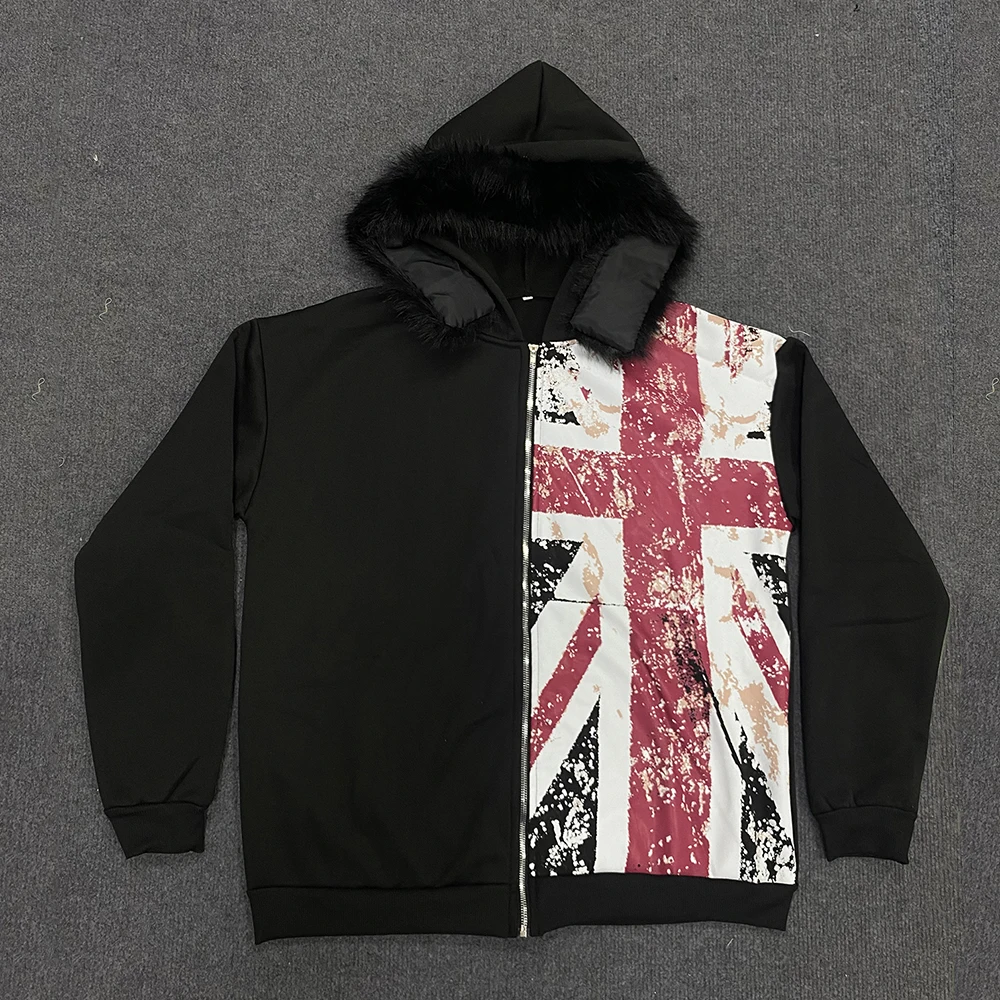 Retro Y2K Ins Fur Collar Printed Zipper Sweatshirt Long Sleeved Pullover Hoodie Street Trend Casual Retro Jacket