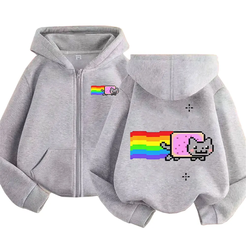 Game Rainbow Nyan Cat Funny Meme Zipper Hoodie Men Women Casual Humor Zip Up Jacket Fleece Cotton Oversized Zip Up Sweatshirt