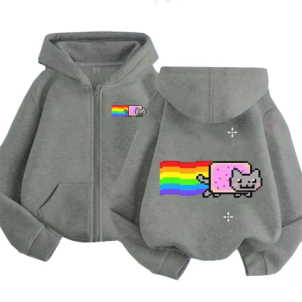Game Rainbow Nyan Cat Funny Meme Zipper Hoodie Men Women Casual Humor Zip Up Jacket Fleece Cotton Oversized Zip Up Sweatshirt