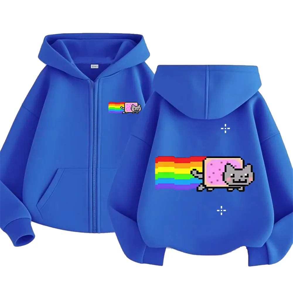 Game Rainbow Nyan Cat Funny Meme Zipper Hoodie Men Women Casual Humor Zip Up Jacket Fleece Cotton Oversized Zip Up Sweatshirt