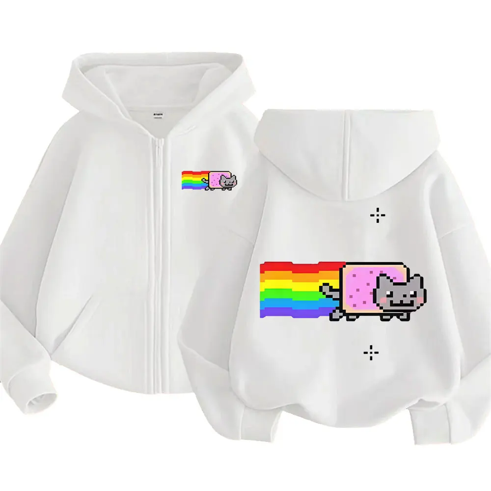 Game Rainbow Nyan Cat Funny Meme Zipper Hoodie Men Women Casual Humor Zip Up Jacket Fleece Cotton Oversized Zip Up Sweatshirt