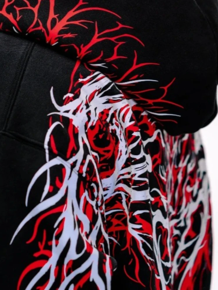 Mens Hoodie Hot Stamping Process Dark Reflective Embroidery Streetwear Harajuku Unisex Red Loose Fit Motorcycle Riding Casual