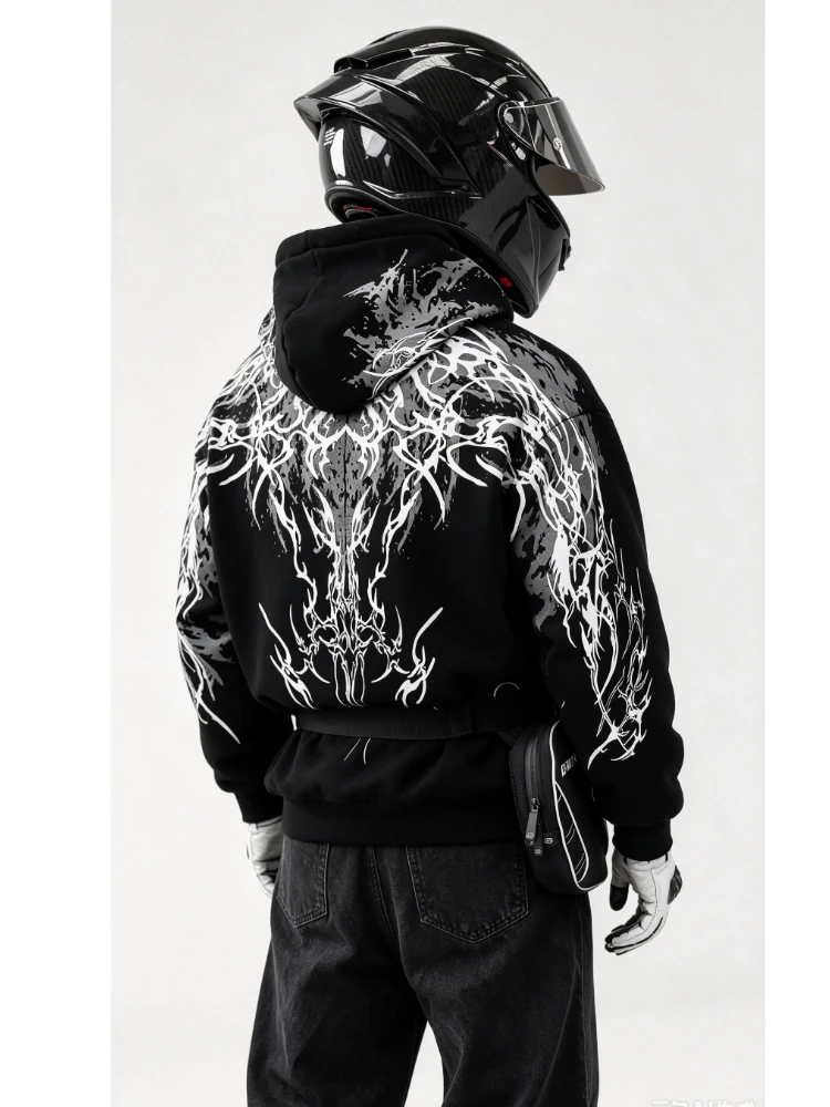 Mens Hoodie Hot Stamping Process Dark Reflective Embroidery Streetwear Harajuku Unisex Red Loose Fit Motorcycle Riding Casual