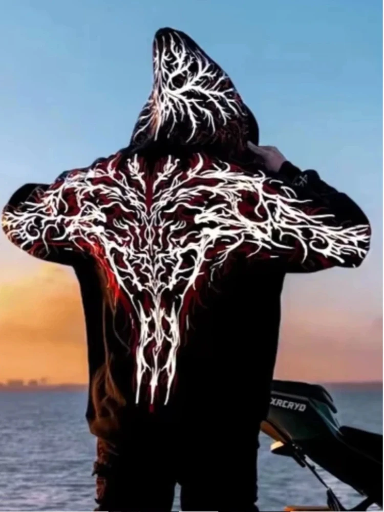 Mens Hoodie Hot Stamping Process Dark Reflective Embroidery Streetwear Harajuku Unisex Red Loose Fit Motorcycle Riding Casual