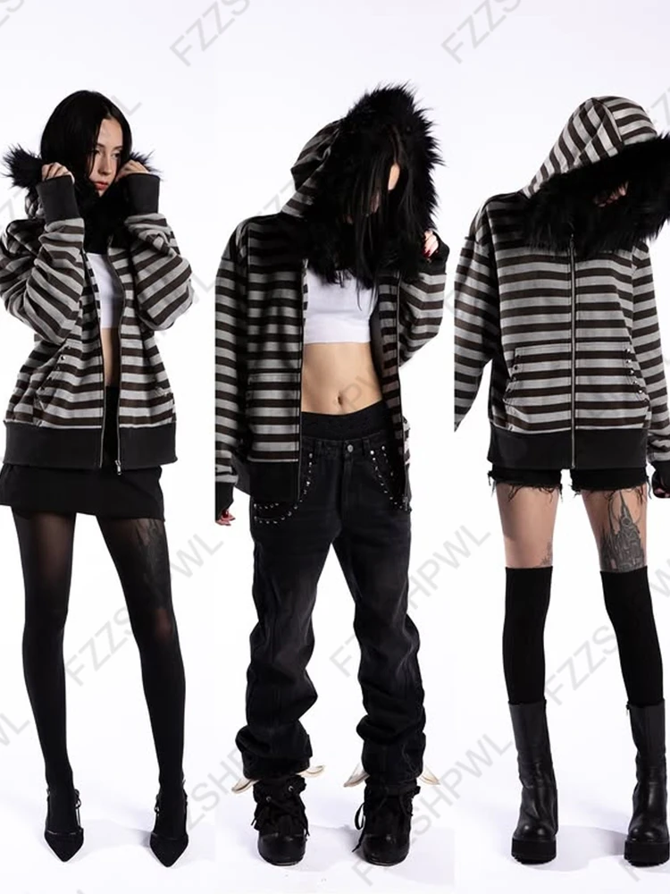 Gothic punk grunge fur collar hoodie unisex striped diamond design zipper sweatshirt 2000s Harajuku aesthetic hip hop streetwear