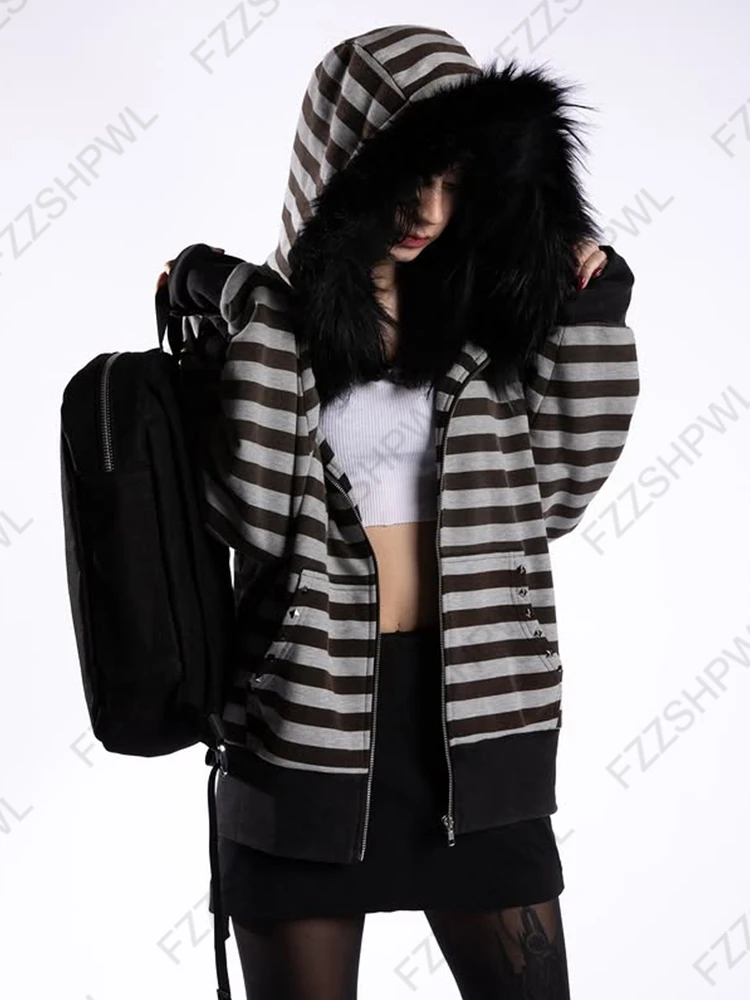Gothic punk grunge fur collar hoodie unisex striped diamond design zipper sweatshirt 2000s Harajuku aesthetic hip hop streetwear