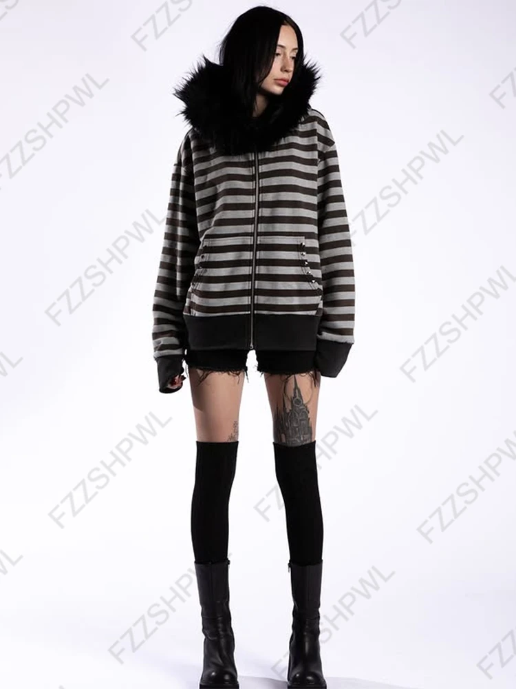 Gothic punk grunge fur collar hoodie unisex striped diamond design zipper sweatshirt 2000s Harajuku aesthetic hip hop streetwear