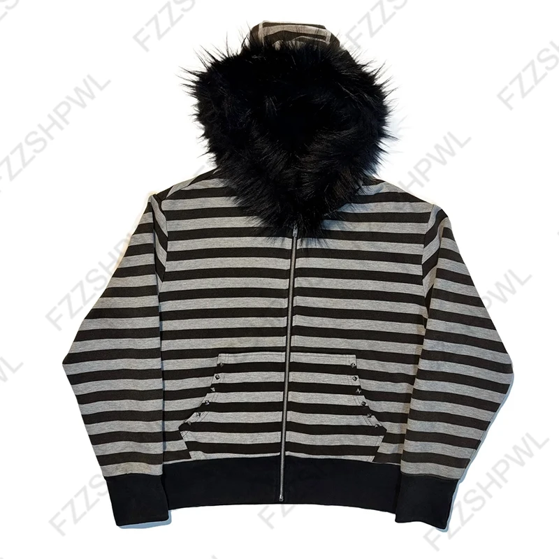 Gothic punk grunge fur collar hoodie unisex striped diamond design zipper sweatshirt 2000s Harajuku aesthetic hip hop streetwear