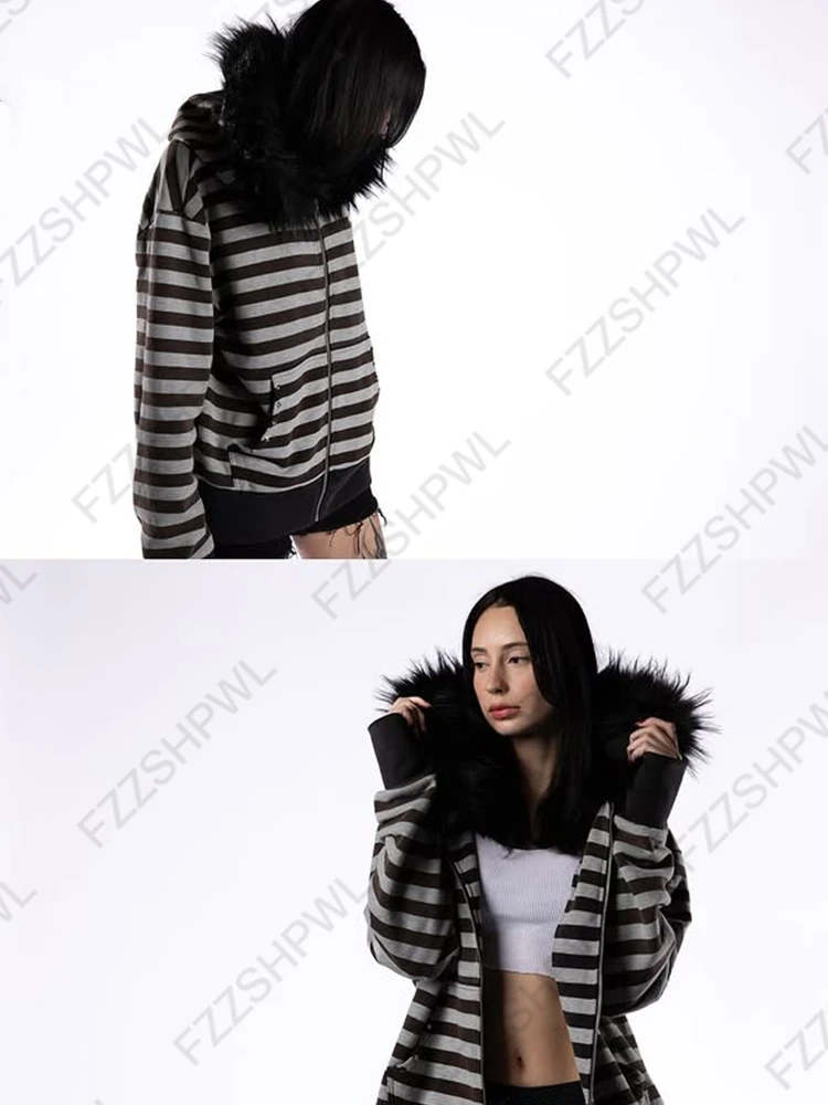 Gothic punk grunge fur collar hoodie unisex striped diamond design zipper sweatshirt 2000s Harajuku aesthetic hip hop streetwear