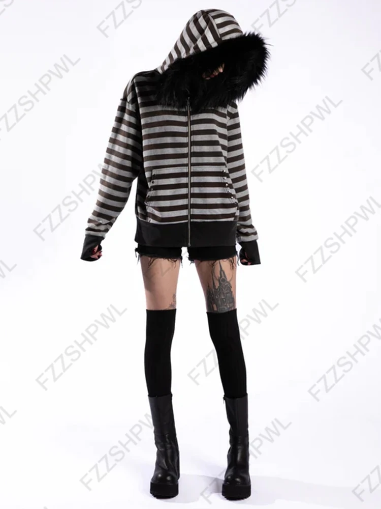 Gothic punk grunge fur collar hoodie unisex striped diamond design zipper sweatshirt 2000s Harajuku aesthetic hip hop streetwear