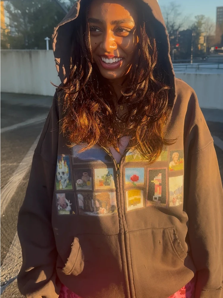 Y2K Retro Gallery Hoodie Brown Pixel Painting Art Pattern Zip Up Sweatshirt Trendy Classic Streetwear Unisex Oversize Clothing