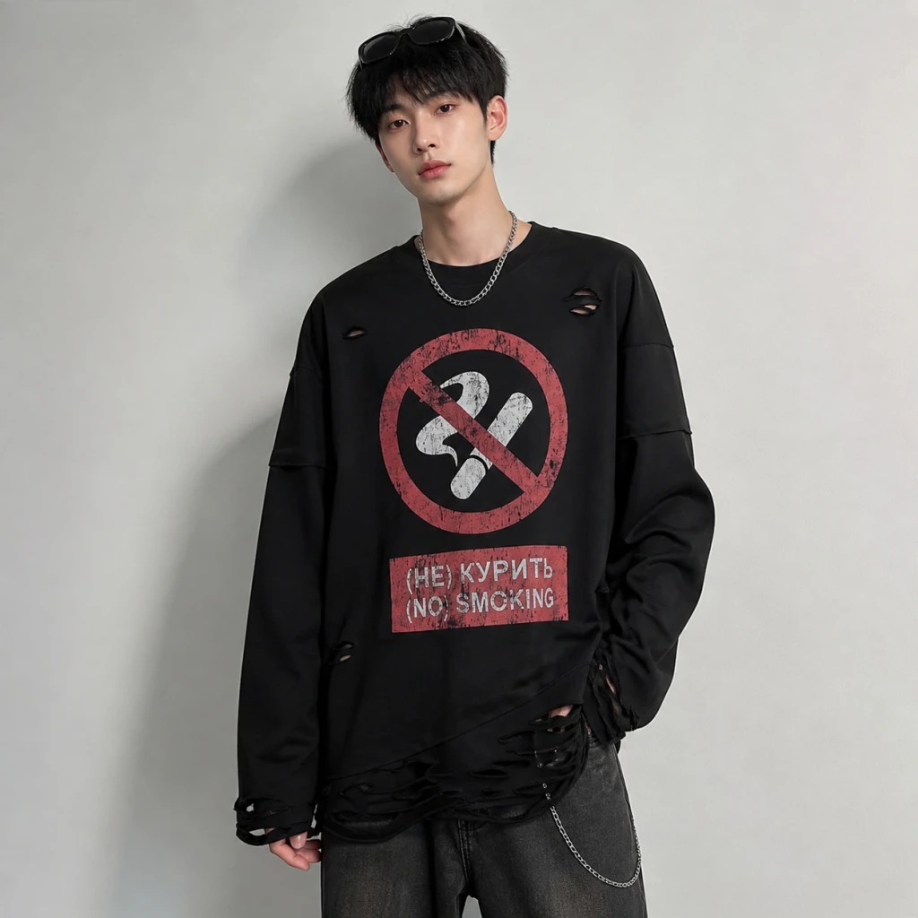 Y2K Cigarette Pattern Print Streetwear Harajuku Hip Hop Ripped Long Sleeve Top Gothic Fashion Crew Neck Sweatshirt Men Women