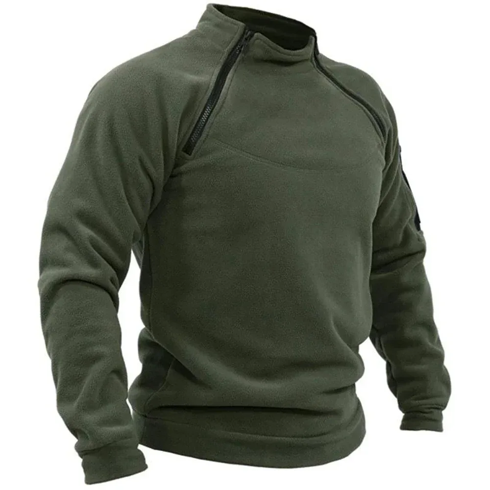 Autumn Winter Men's Polar Fleece Sweatshirt Outdoor Warm Tactical Double Zipper Stand Collar Top Casual Solid Color Sweatshirt
