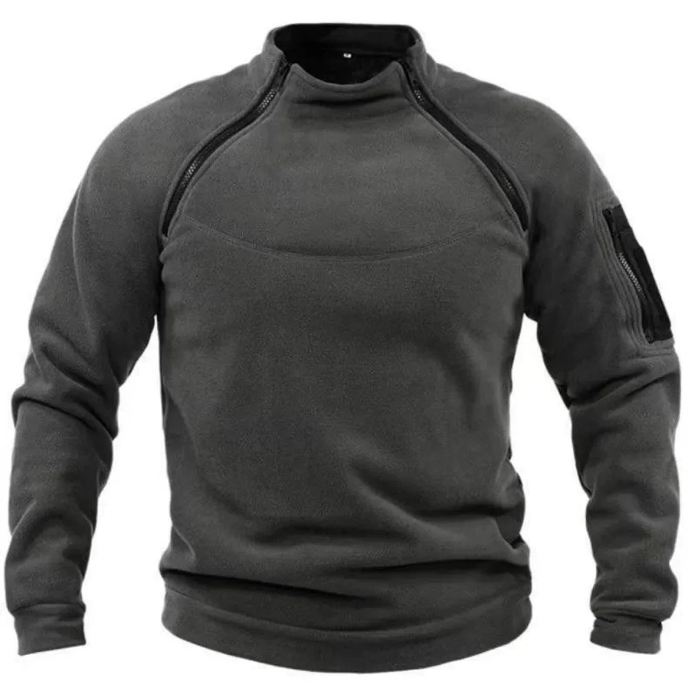 Autumn Winter Men's Polar Fleece Sweatshirt Outdoor Warm Tactical Double Zipper Stand Collar Top Casual Solid Color Sweatshirt