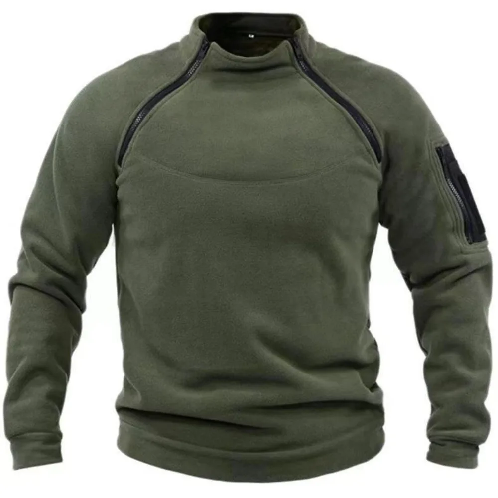Autumn Winter Men's Polar Fleece Sweatshirt Outdoor Warm Tactical Double Zipper Stand Collar Top Casual Solid Color Sweatshirt