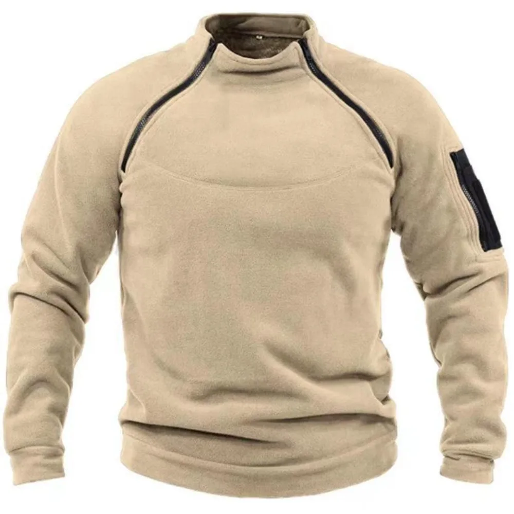 Autumn Winter Men's Polar Fleece Sweatshirt Outdoor Warm Tactical Double Zipper Stand Collar Top Casual Solid Color Sweatshirt