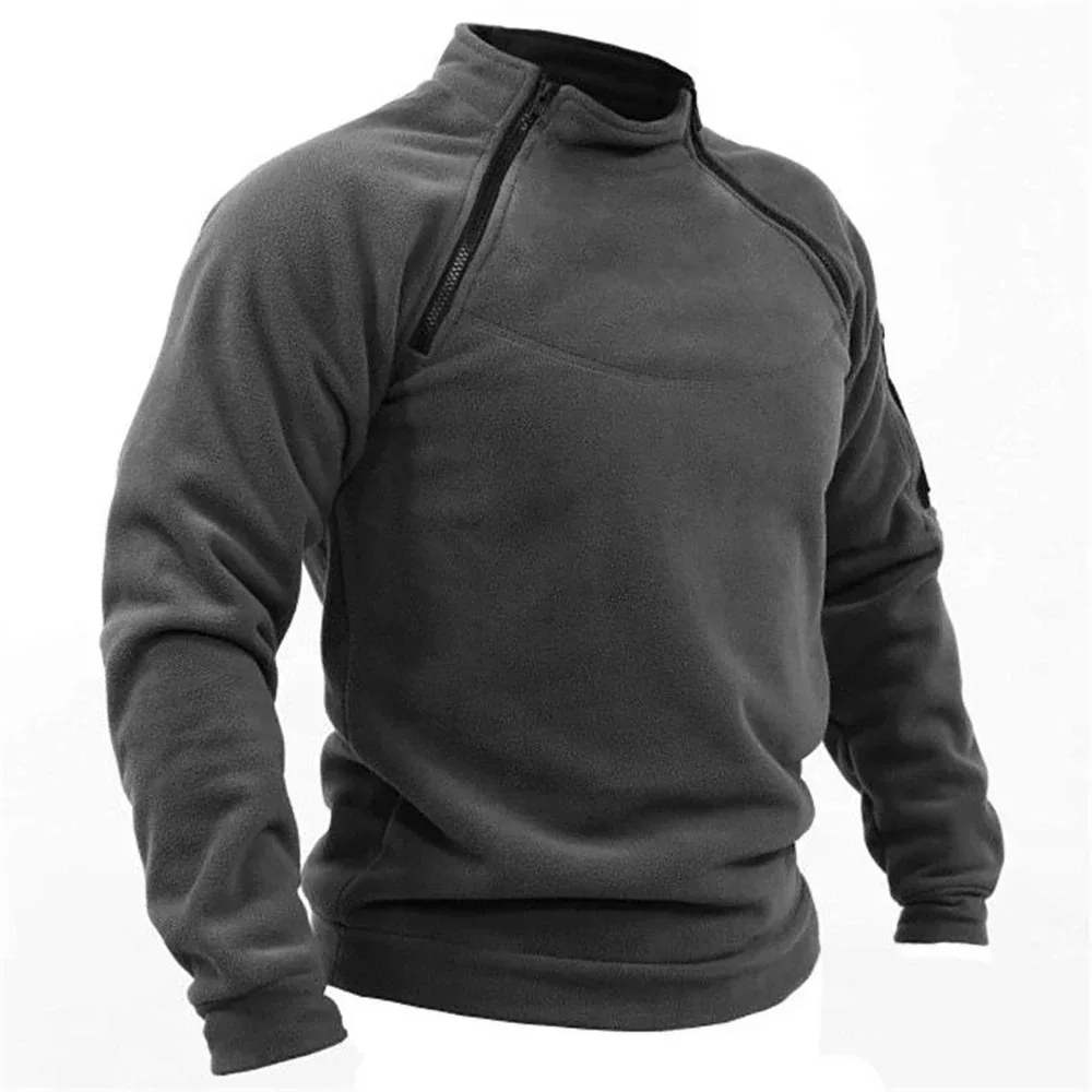 Autumn Winter Men's Polar Fleece Sweatshirt Outdoor Warm Tactical Double Zipper Stand Collar Top Casual Solid Color Sweatshirt