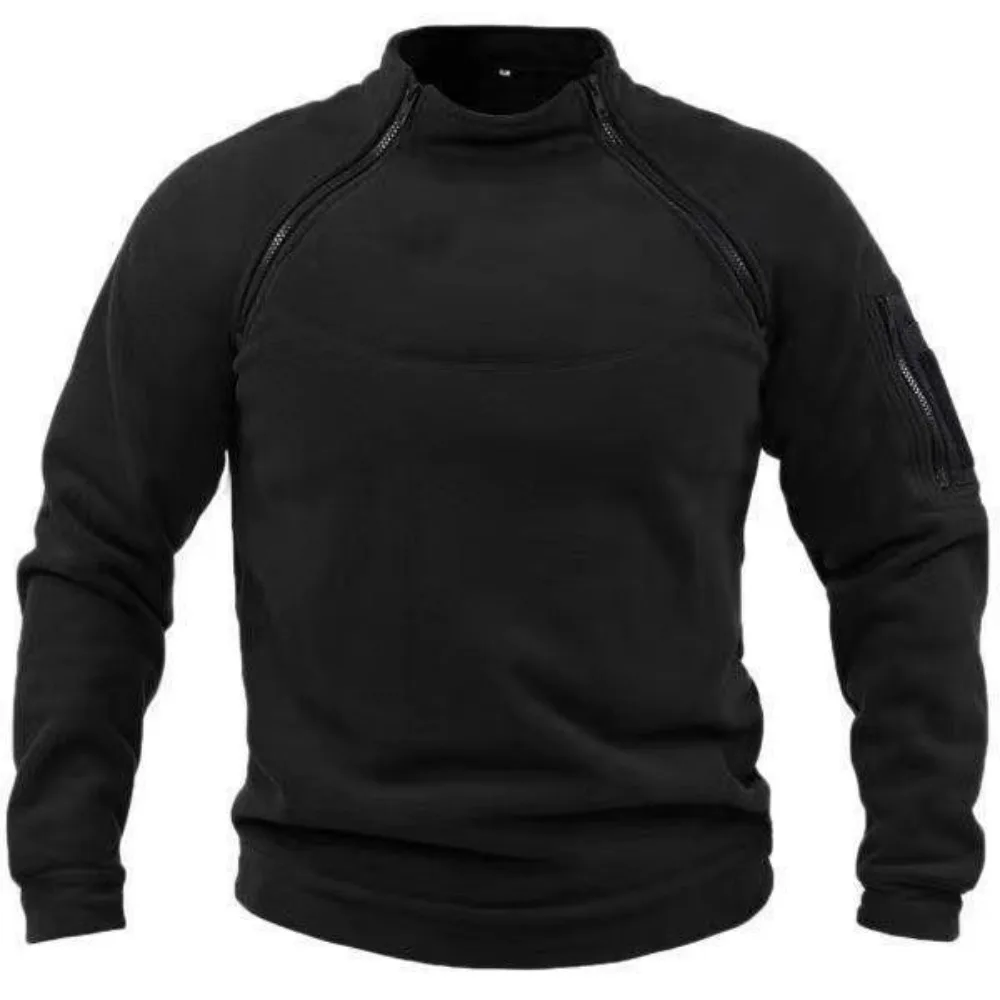 Autumn Winter Men's Polar Fleece Sweatshirt Outdoor Warm Tactical Double Zipper Stand Collar Top Casual Solid Color Sweatshirt