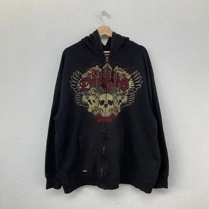 Mens Black Zip Hoodie Skull Print Dark Style Cotton Streetwear Jacket Casual Long Sleeve Pullover Hooded Sweatshirt Graphic