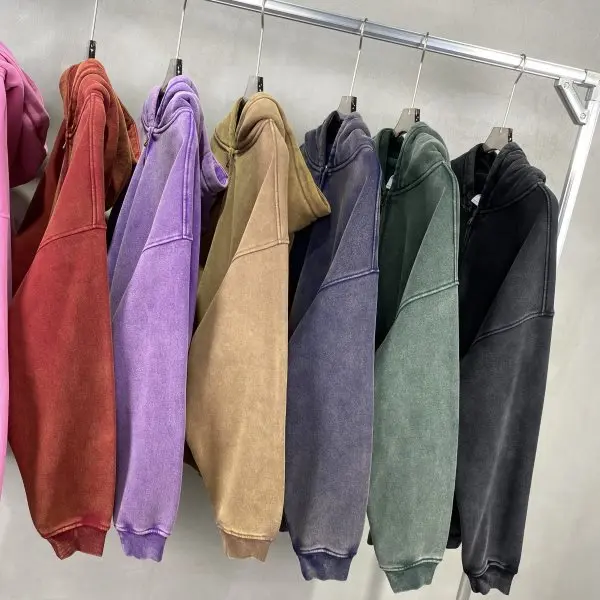Spring Autumn New Fahsion Men's Casual Trendy Loose Solid Color Waxed Hooded Hoodies American Zipper Washed Vintage Coat Male