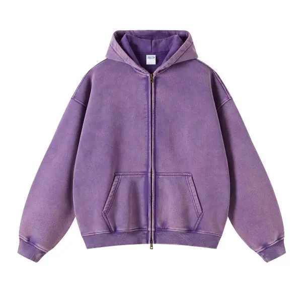 Spring Autumn New Fahsion Men's Casual Trendy Loose Solid Color Waxed Hooded Hoodies American Zipper Washed Vintage Coat Male
