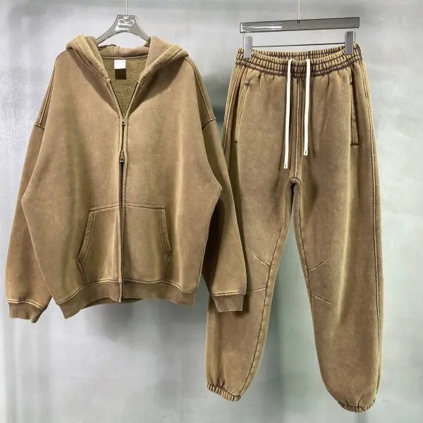 Spring Autumn New Fahsion Men's Casual Trendy Loose Solid Color Waxed Hooded Hoodies American Zipper Washed Vintage Coat Male