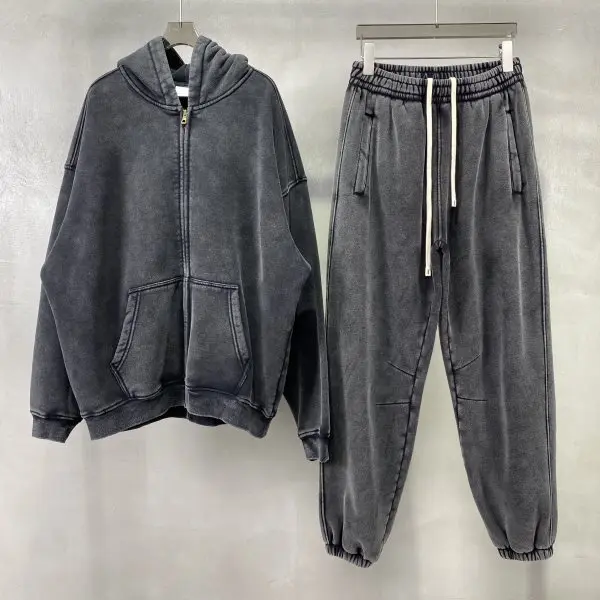 Spring Autumn New Fahsion Men's Casual Trendy Loose Solid Color Waxed Hooded Hoodies American Zipper Washed Vintage Coat Male
