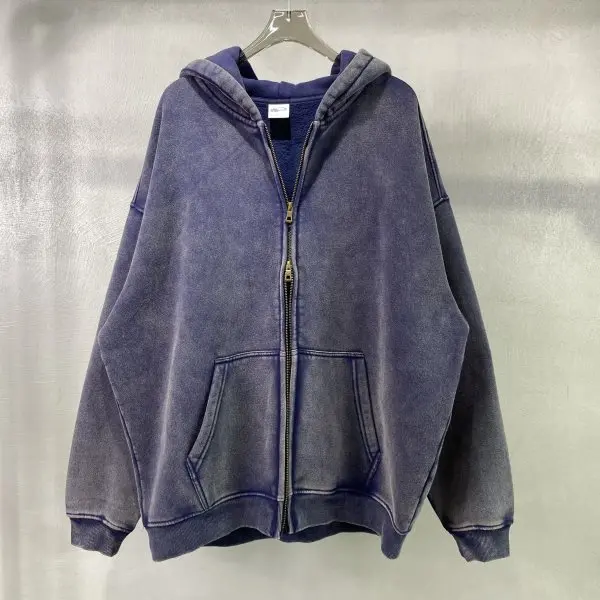 Spring Autumn New Fahsion Men's Casual Trendy Loose Solid Color Waxed Hooded Hoodies American Zipper Washed Vintage Coat Male
