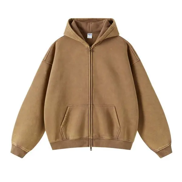 Spring Autumn New Fahsion Men's Casual Trendy Loose Solid Color Waxed Hooded Hoodies American Zipper Washed Vintage Coat Male