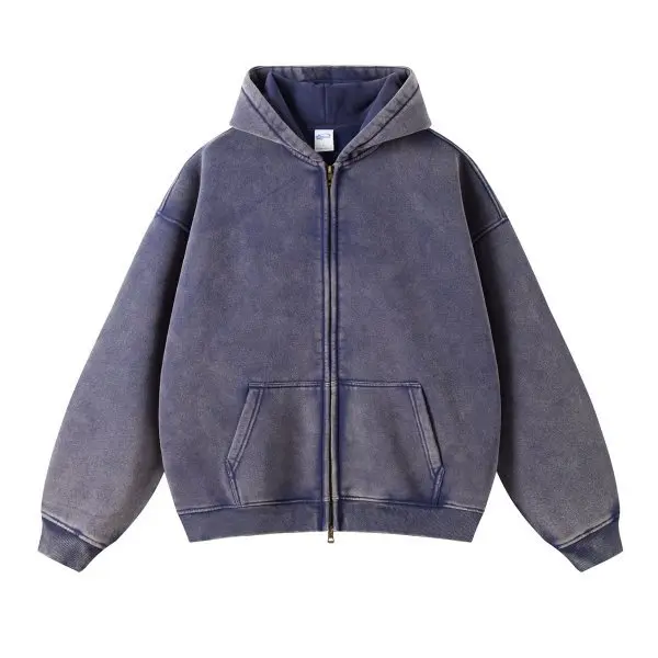 Spring Autumn New Fahsion Men's Casual Trendy Loose Solid Color Waxed Hooded Hoodies American Zipper Washed Vintage Coat Male
