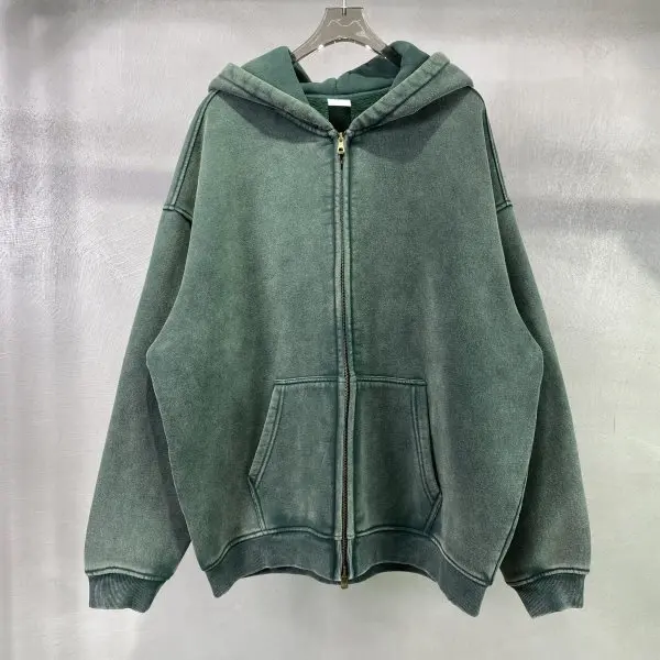 Spring Autumn New Fahsion Men's Casual Trendy Loose Solid Color Waxed Hooded Hoodies American Zipper Washed Vintage Coat Male