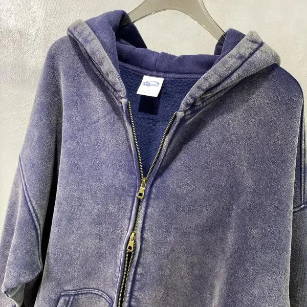 Spring Autumn New Fahsion Men's Casual Trendy Loose Solid Color Waxed Hooded Hoodies American Zipper Washed Vintage Coat Male