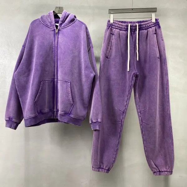 Spring Autumn New Fahsion Men's Casual Trendy Loose Solid Color Waxed Hooded Hoodies American Zipper Washed Vintage Coat Male