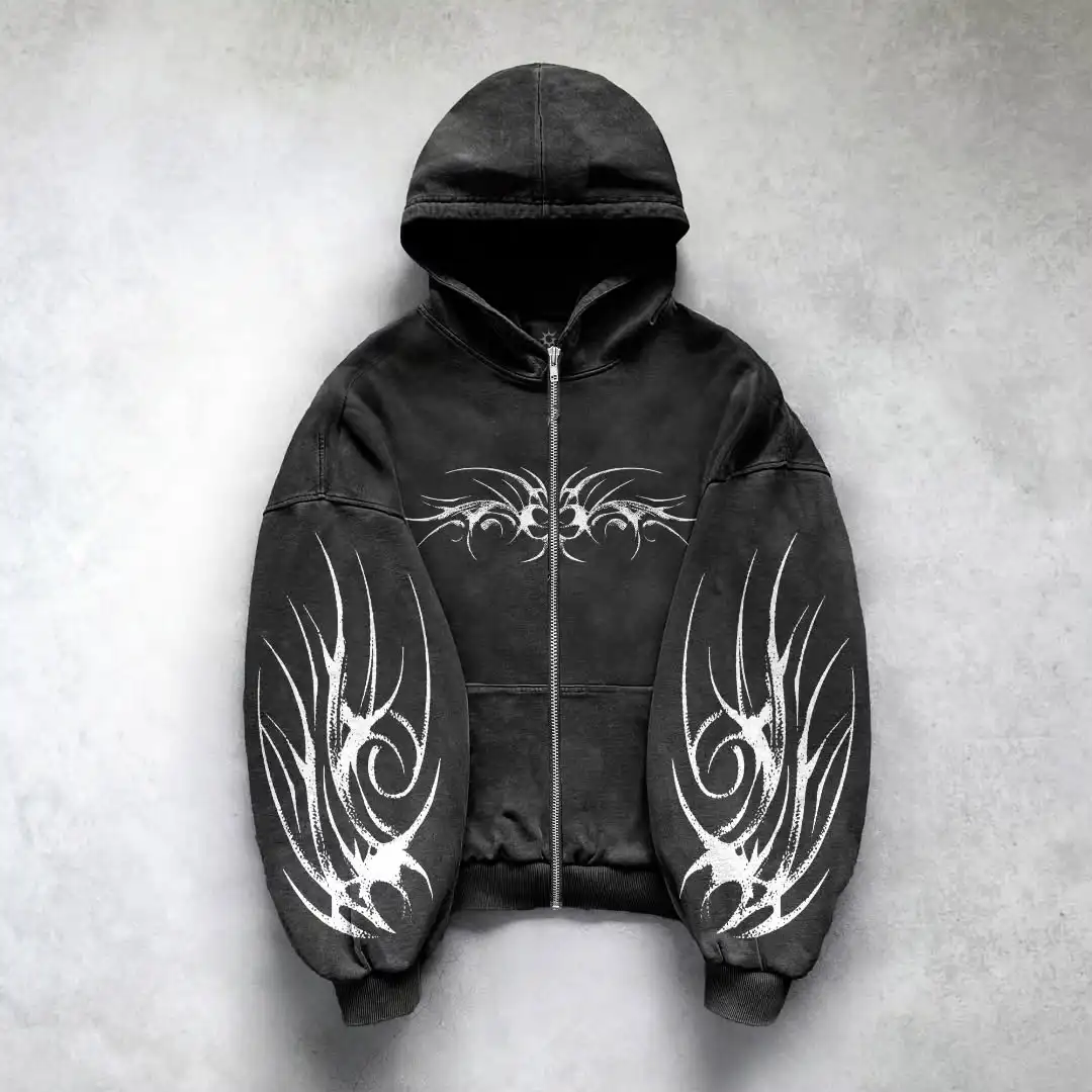 Hip Hop Mens Zipper Hoodie Black Grey 3D Dark Print Pattern Y2k Gothic Harajuku Autumn Loose Fashion Personality Street Hoodie