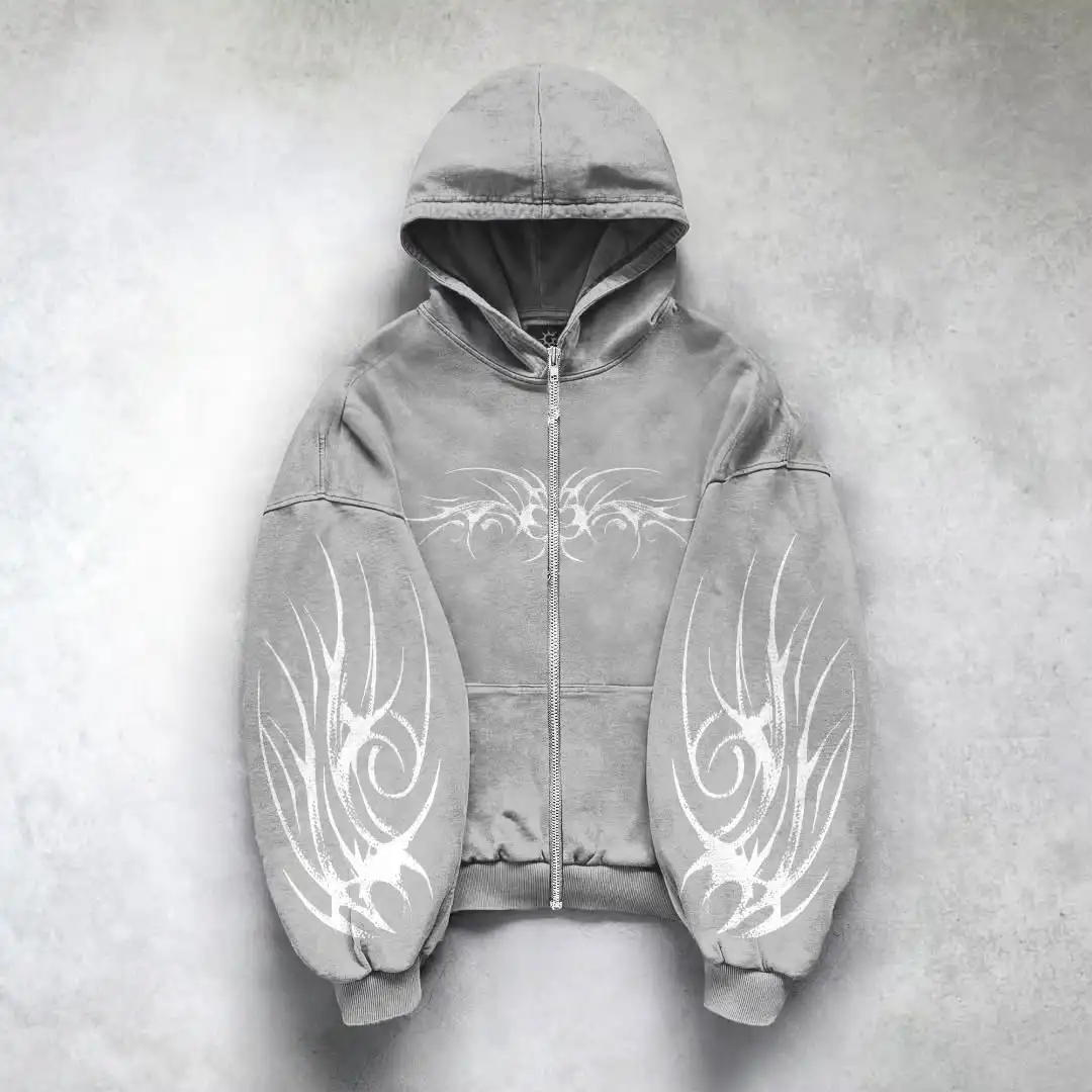 Hip Hop Mens Zipper Hoodie Black Grey 3D Dark Print Pattern Y2k Gothic Harajuku Autumn Loose Fashion Personality Street Hoodie