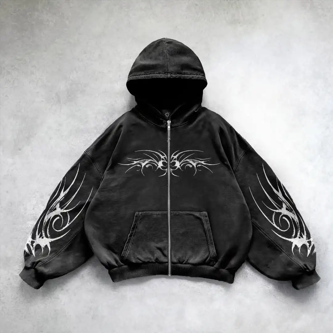 Hip Hop Mens Zipper Hoodie Black Grey 3D Dark Print Pattern Y2k Gothic Harajuku Autumn Loose Fashion Personality Street Hoodie